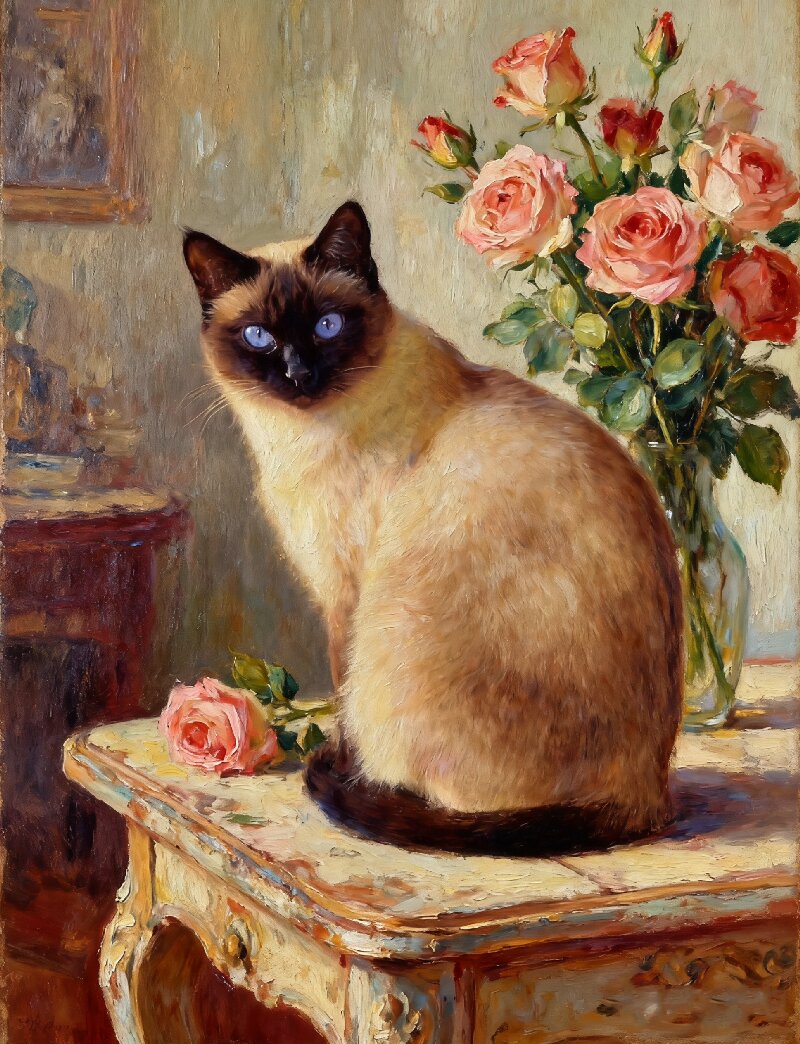 Pet Portrait Giclee Print  Siamese Cat Rose M004