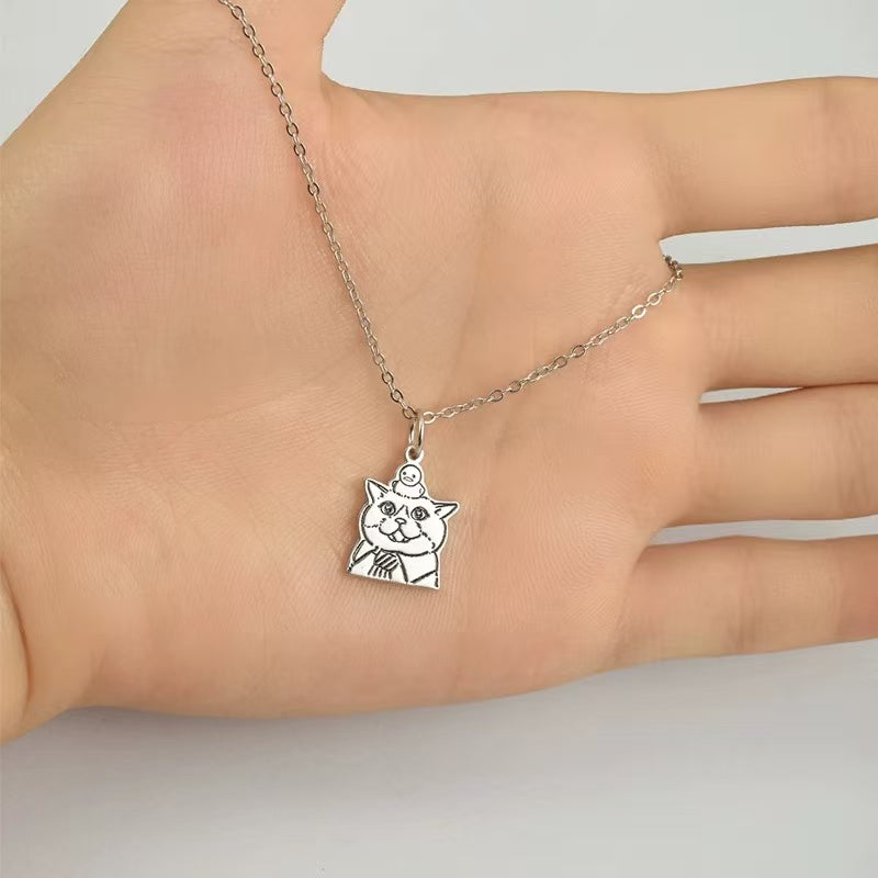 Custom Pet Portrait Name Necklace, Dog Photo Necklace, Engraved Cat Picture Necklace, Pet Memorial Necklace