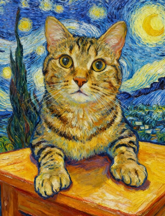 Pet Portrait Giclee Print Tiger-striped Cat Starry Night M005